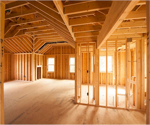 Interior wood framing of a residential addition under construction