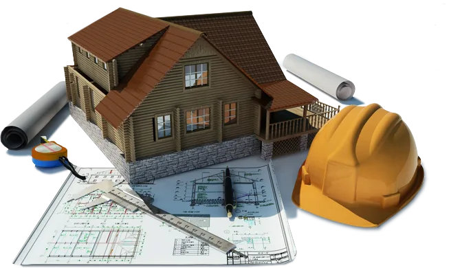 Illustration of a house under design, with drawings and tools